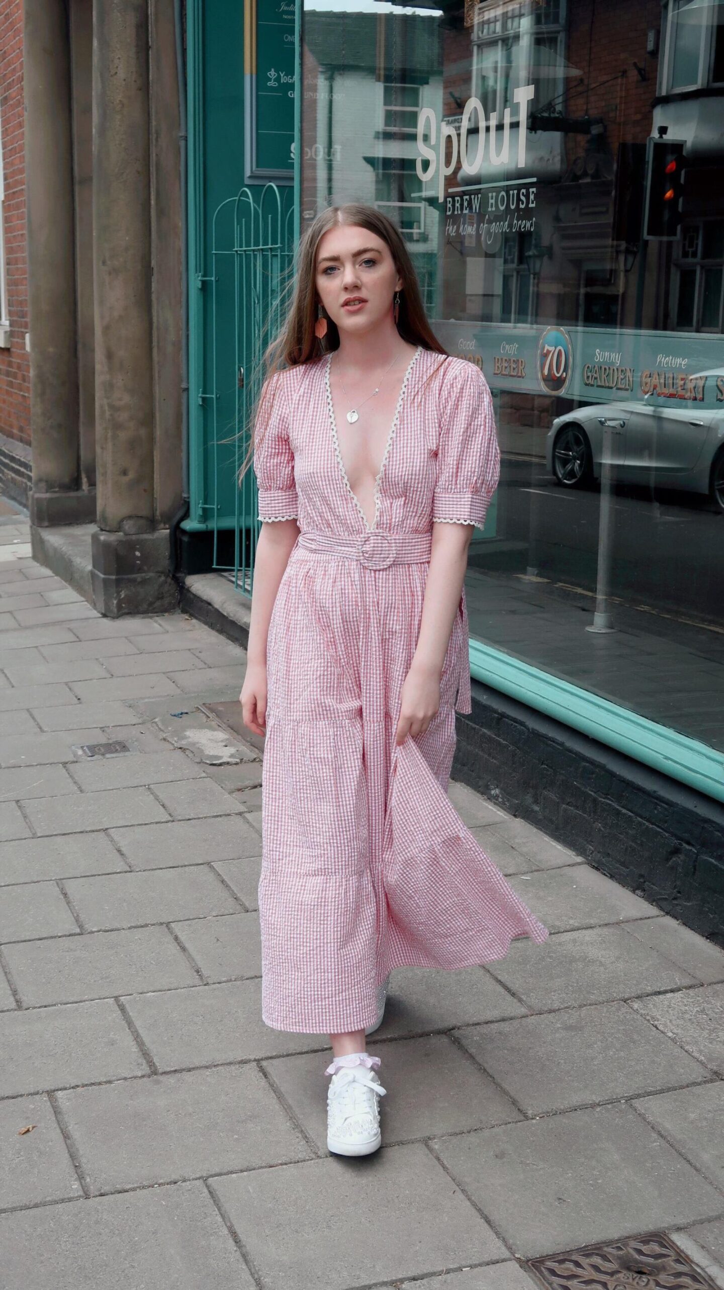 Pink floaty midi outlet dress