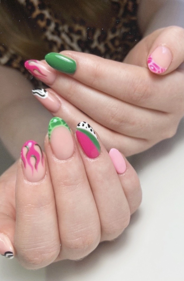 pink and green striped nails