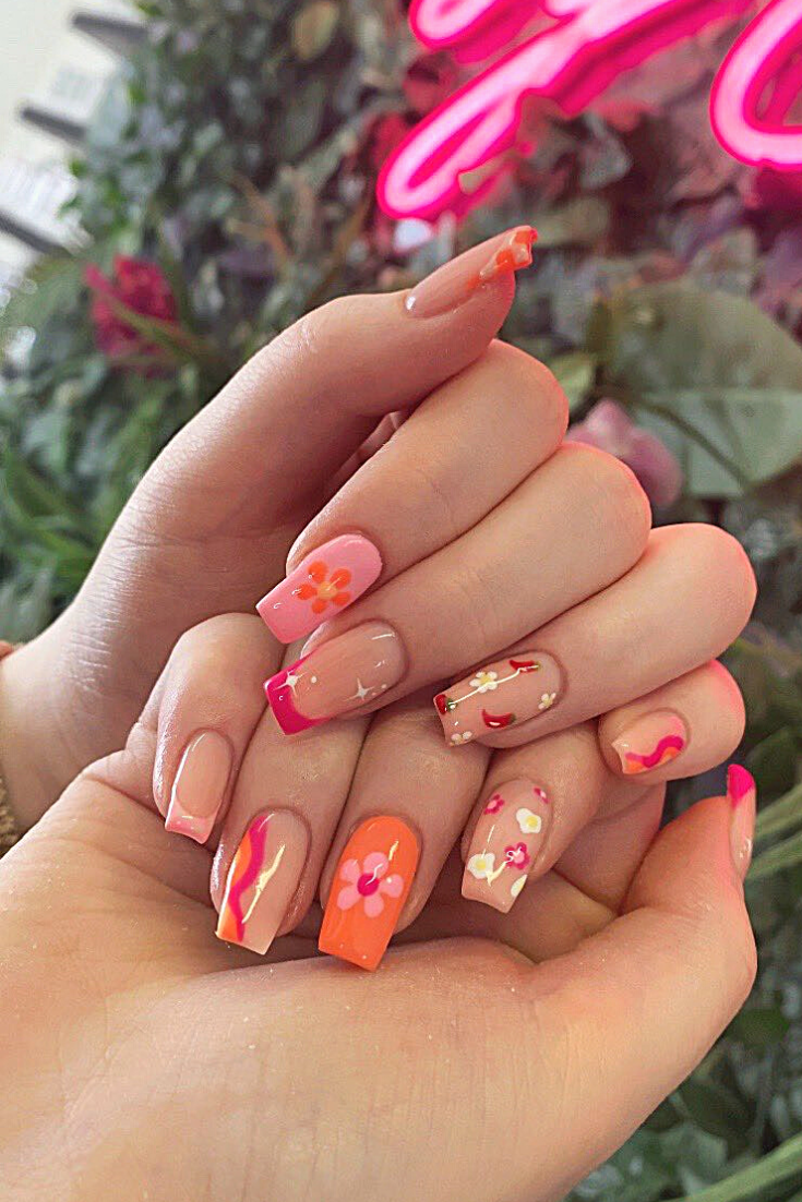 hot orange nails | Coral nails, Neon coral nails, Orange nails